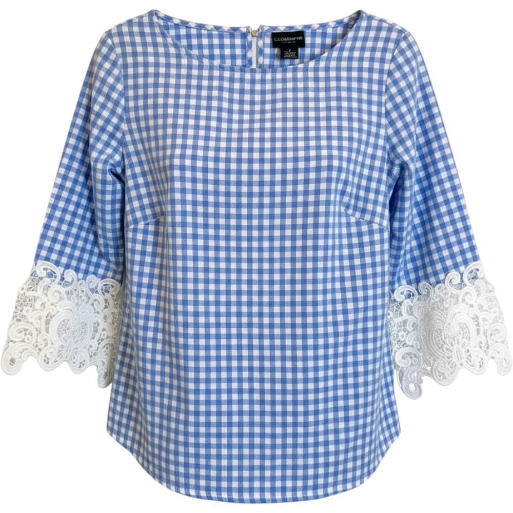 Blue Gingham Lace Cuff Blouse 3/4 Sleeve Cotton Top M Liz Claiborne cottagecore